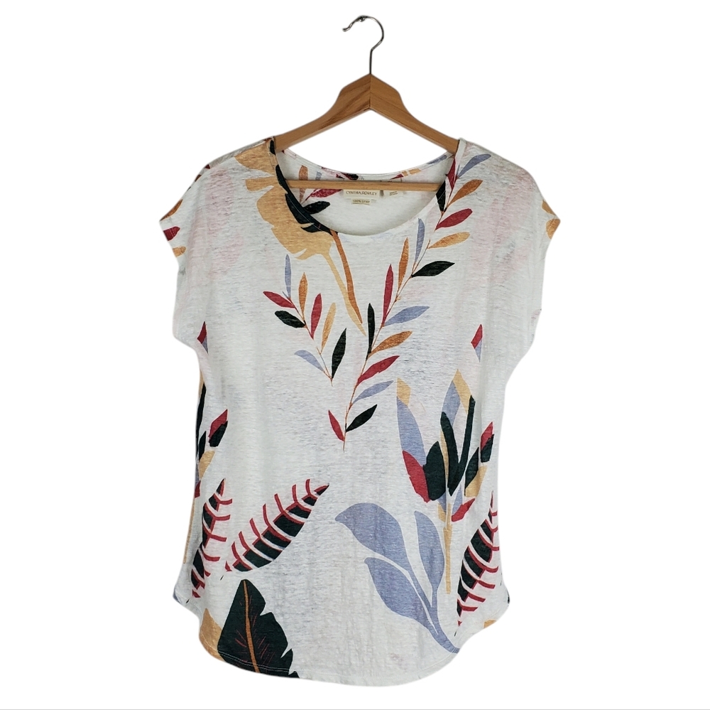 CYNTHIA ROWLEY Linen Botanical Leaf Print Short Sleeve Top Size L